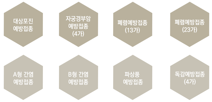 대상포진 예방접종, 자궁경부암 예방접종(4가), 폐렴예방접종(13가), 폐렴예방접종(23가), A형 간염 예방접종, B형 간염 예방접종, 파상풍 예방접종, 독감예방접종(4가)